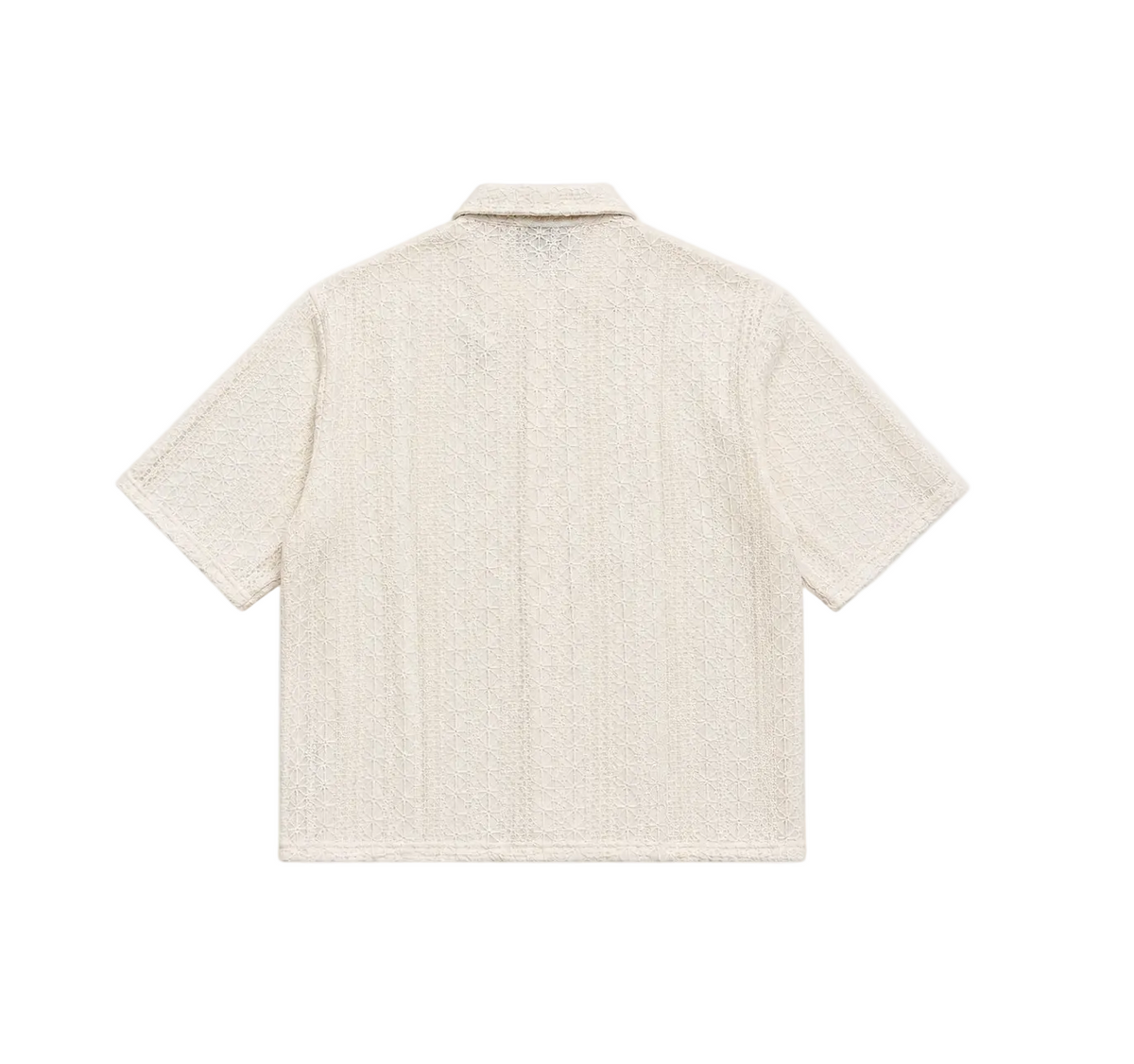 Geborduurd overhemd, korte mouwen, beige, achterkant met subtiel weefpatroon.