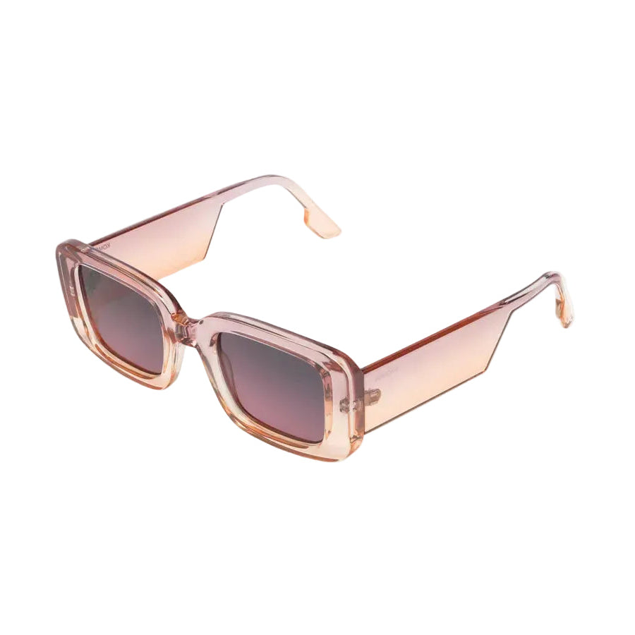 Roze/blush zonnebril met brede montuurpootjes en donkere glazen