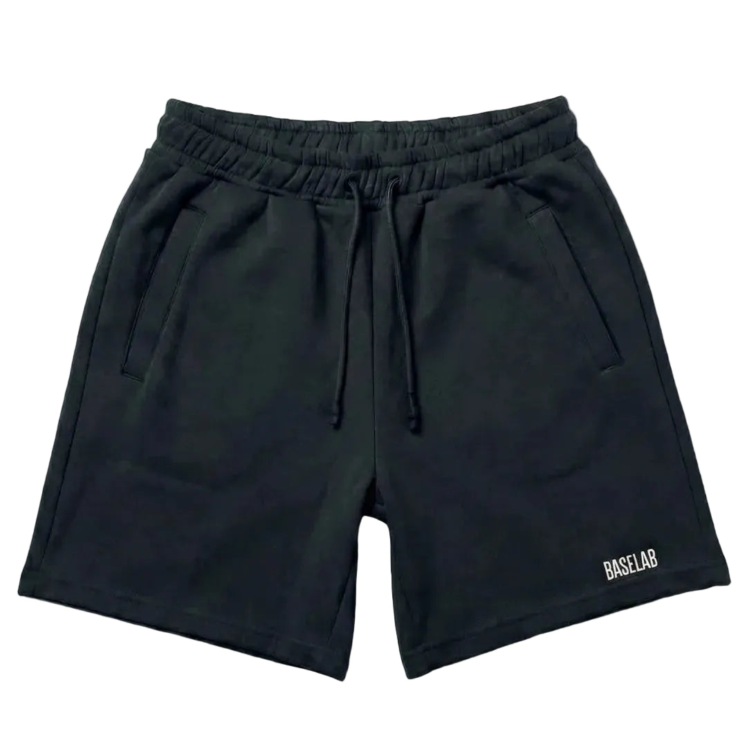 Zwarte sweatshort voor met elastische taille, trekkoord en BASELAB-logo