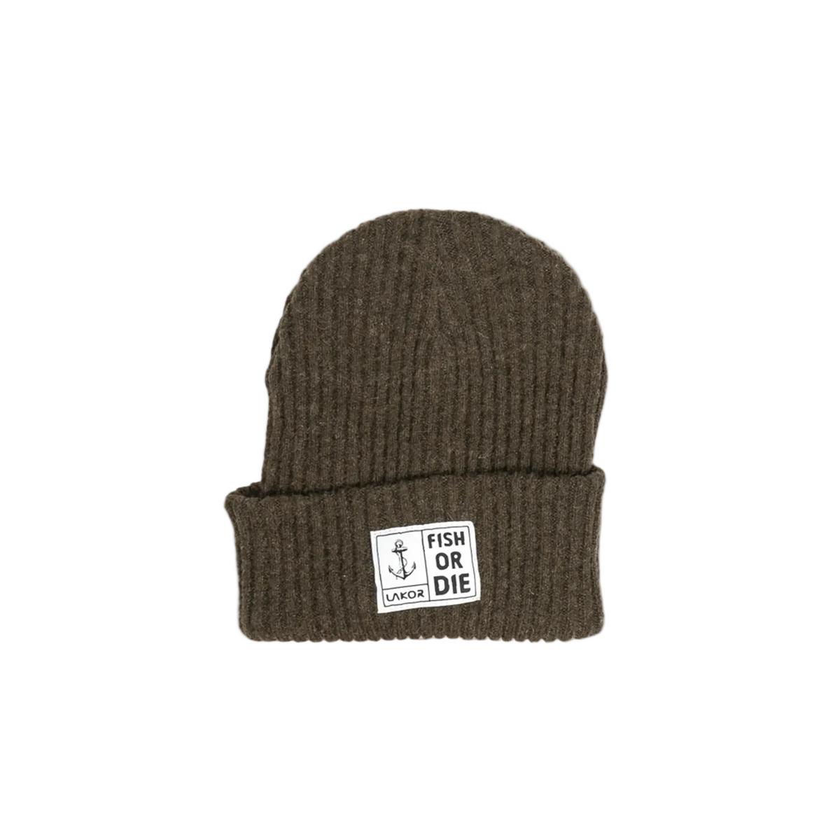 Donkergroene gebreide beanie met omslag en labelpatch 'FISH OR DIE'.