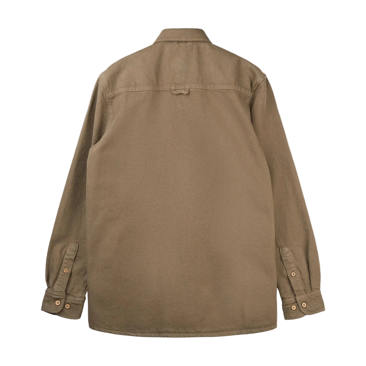 Rugzijde van morelkleurig overshirt met opstaande kraag en knoopsluiting