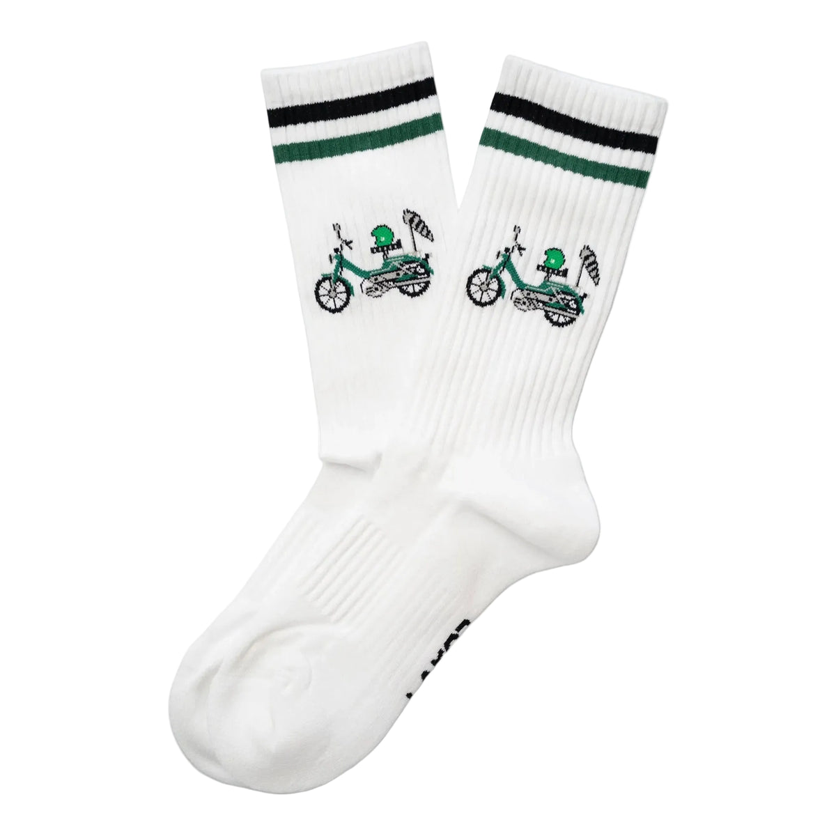 Paar witte tennisokken met groene en zwarte strepen en twee fiets-cartoonmotieven