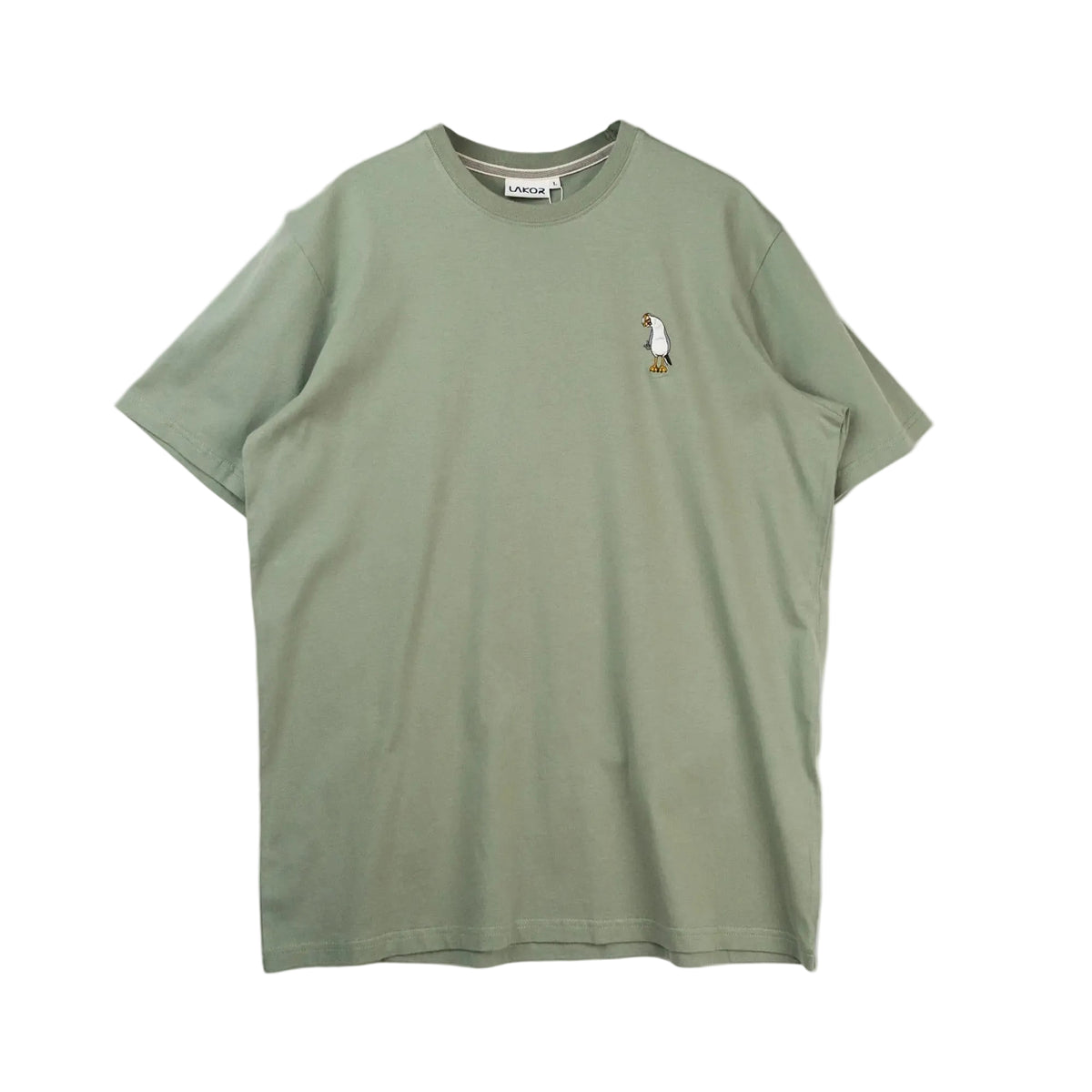 T-shirt in lichtgroene kleur met klein vogelprintje op borst