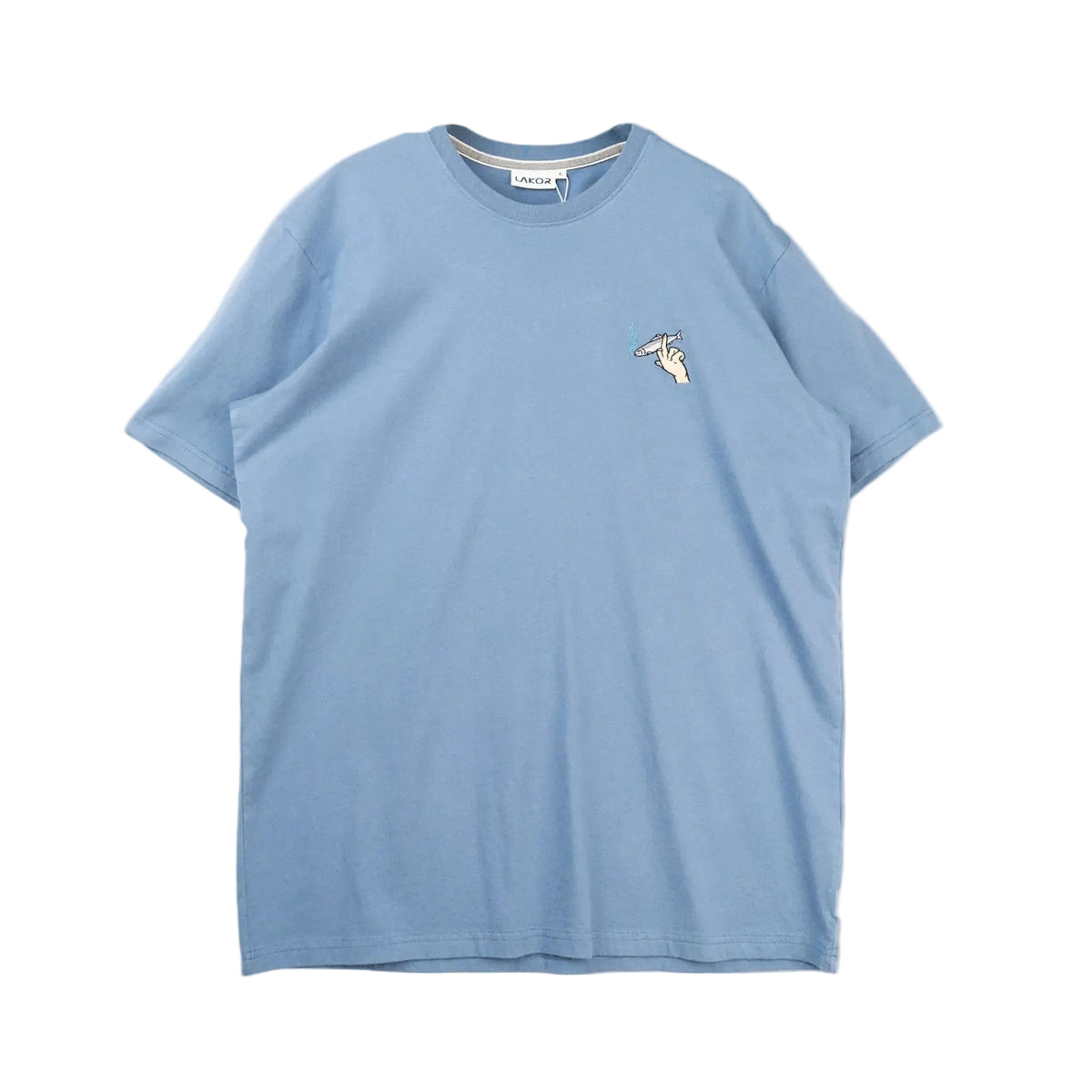 Blauwe t-shirt met kleine hand- en visprint op de borst