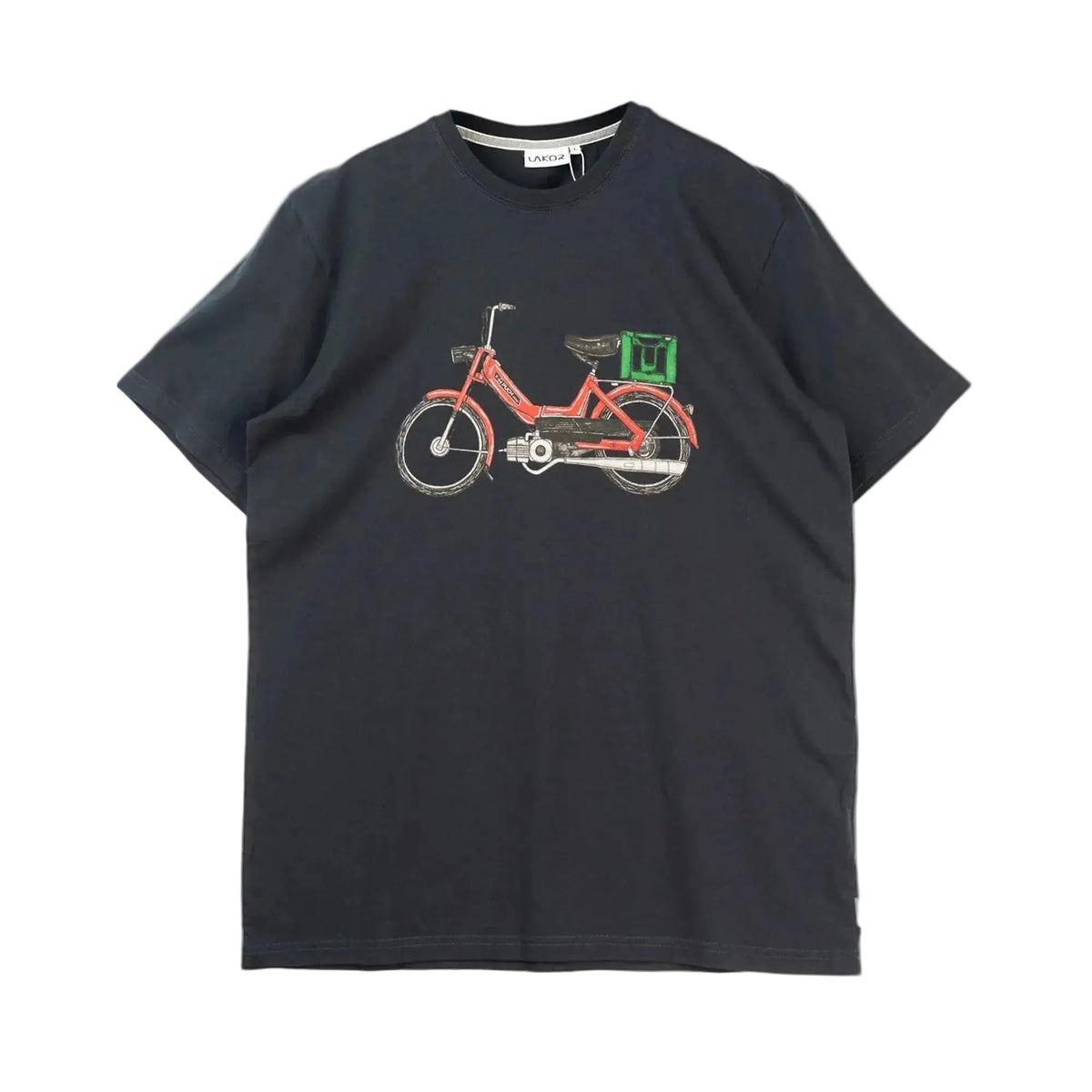 Donker T-shirt met grote fietsprint in rood en groen