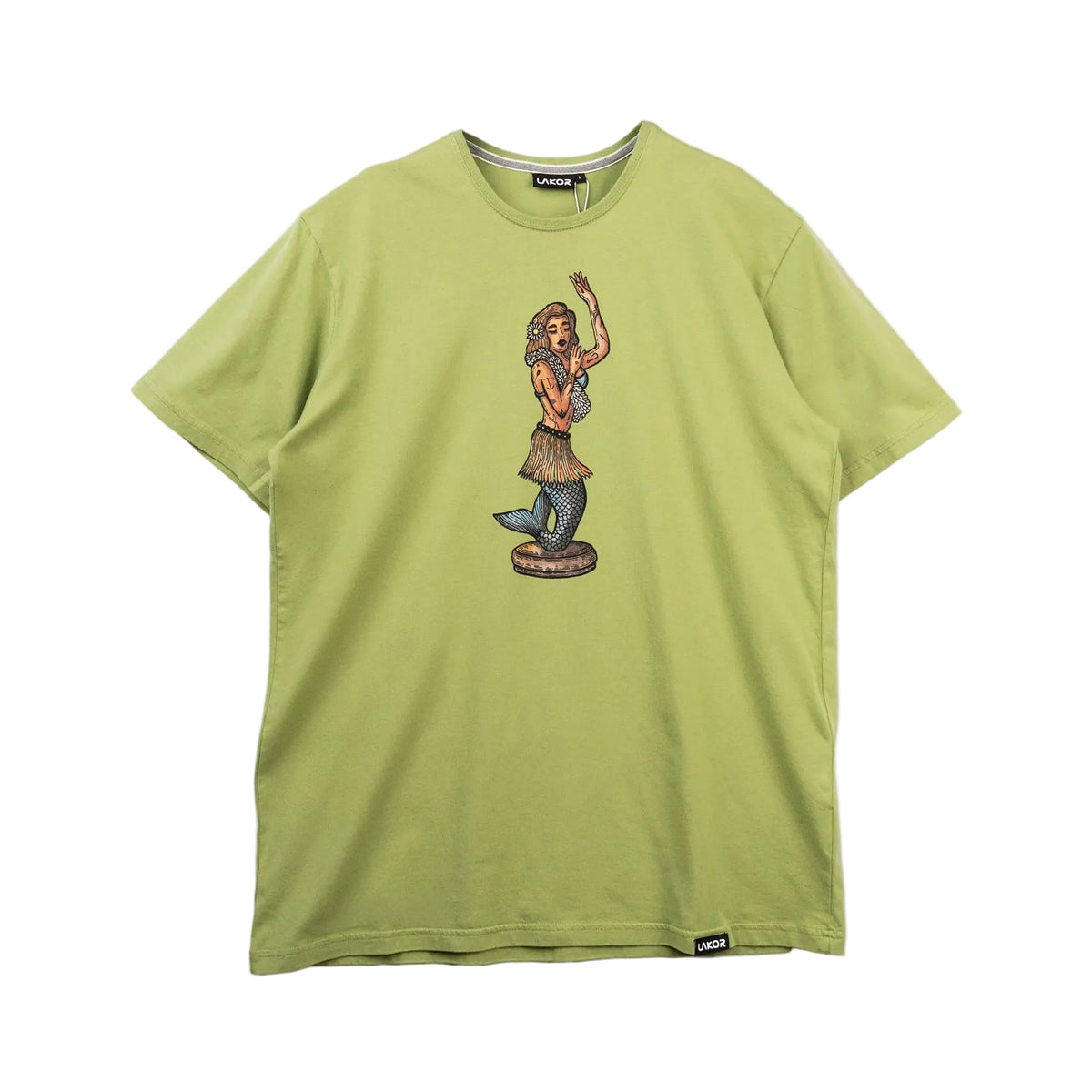 Groene t-shirt met centrale hula-illustratie en ronde hals