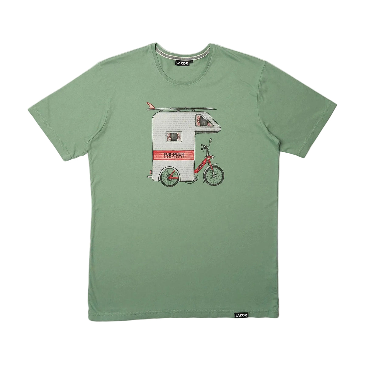 Tuk-Puch T-shirt lichtgroen met fietsprint op borst, ronde hals, korte mouwen.