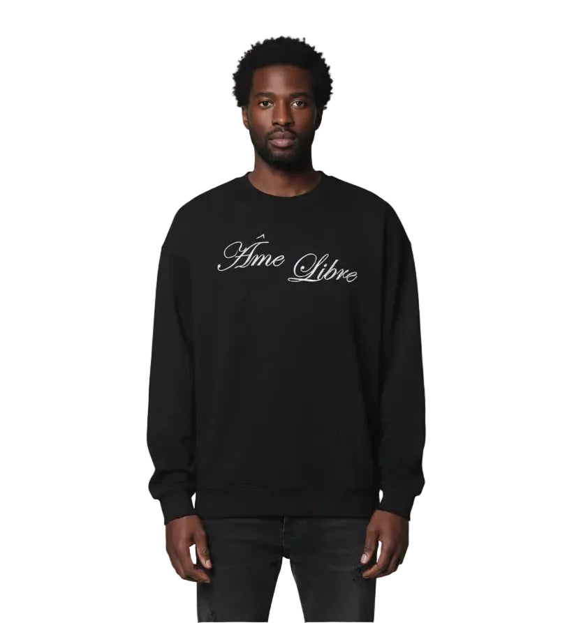 Donkere longsleeve met ronde hals en grote borstprint 'Âme Libre', lange mouwen