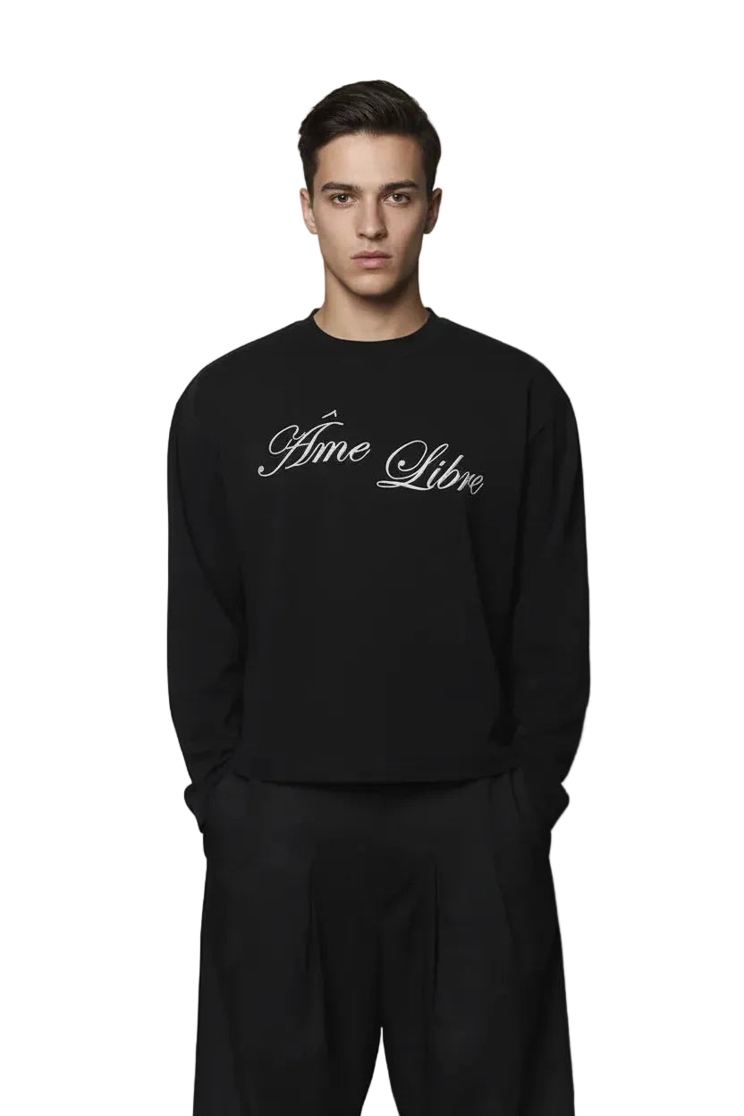 Donkere longsleeve met ronde hals en 'Âme Libre' borstprint, lange mouwen