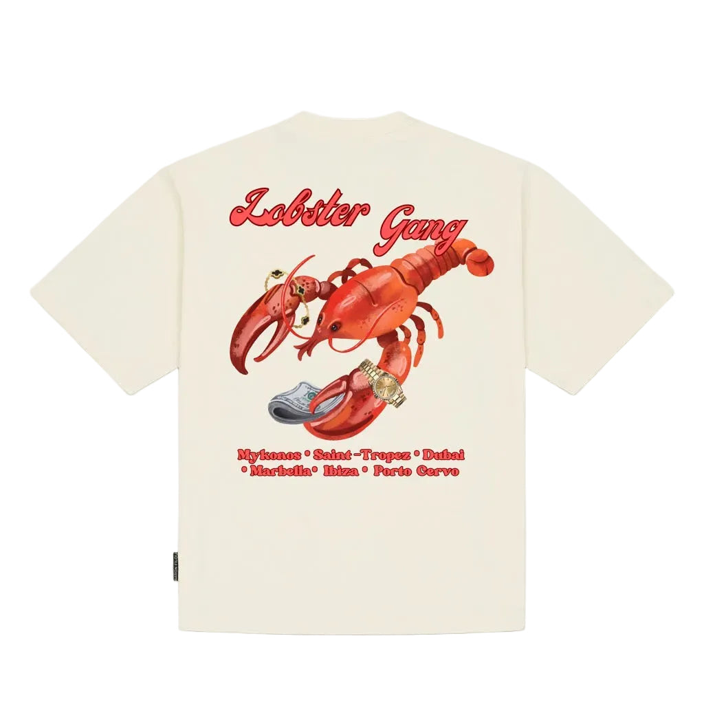 Oversized off-white t-shirt met grote rode achterprint Lobster Gang