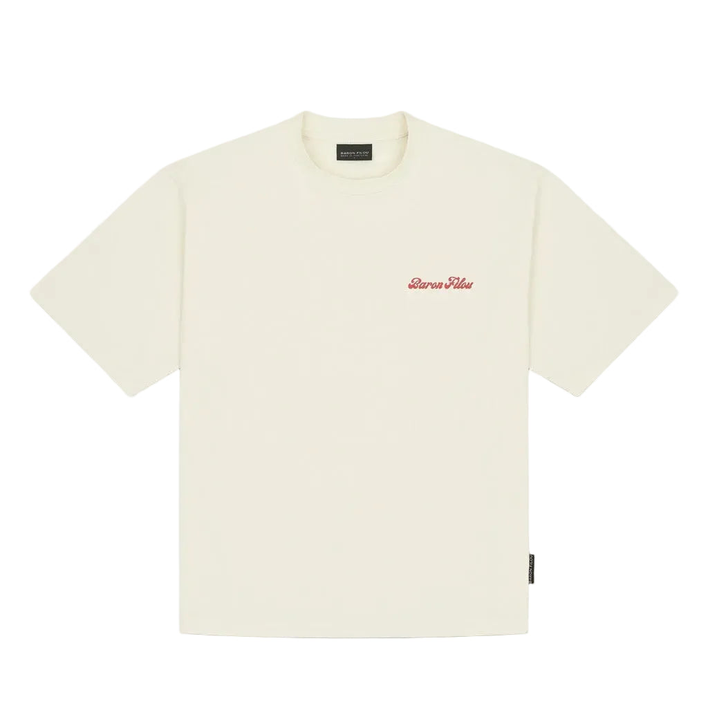 Oversized off-white t-shirt met kleine rode borstprint