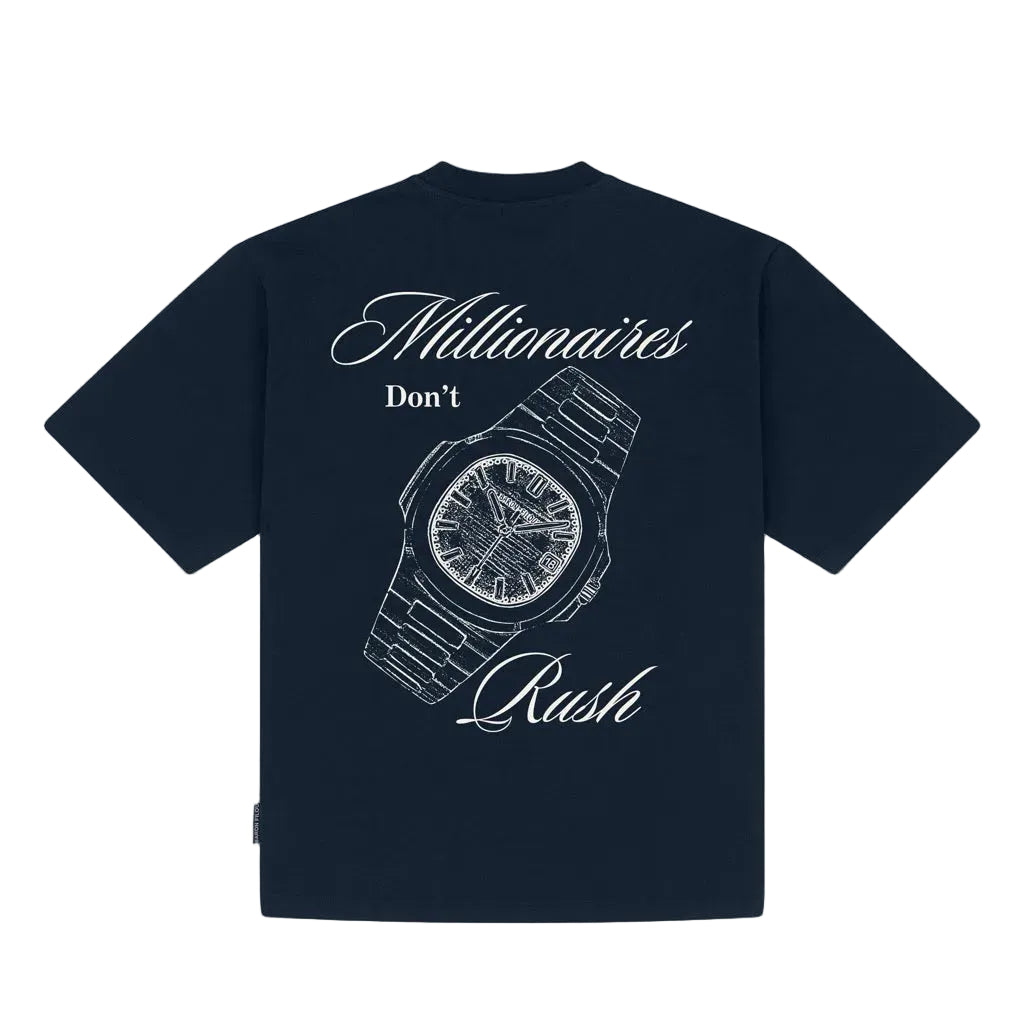 Oversized navy T-shirt met grote backprint 'Millionaires' en 'Rush'