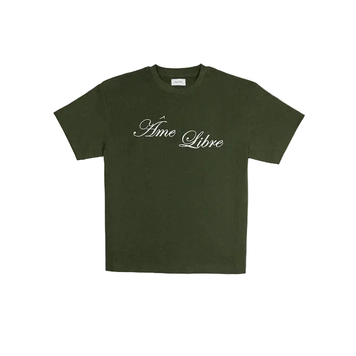 Olijfkleurig T-shirt met 'Âme Libre' borstprint