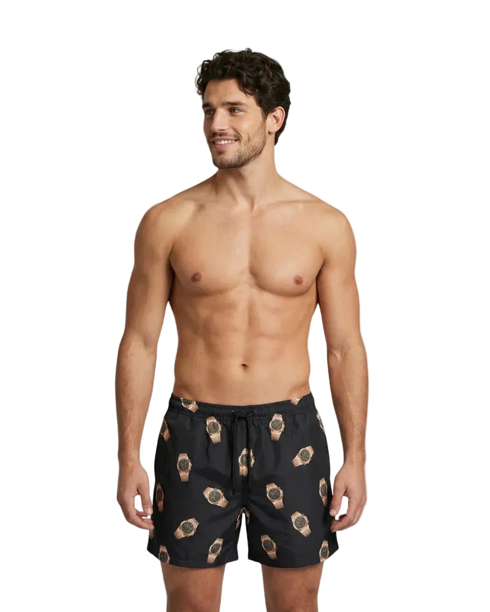 Zwarte zwemshort met horlogeprint en trekkoord aan de taille