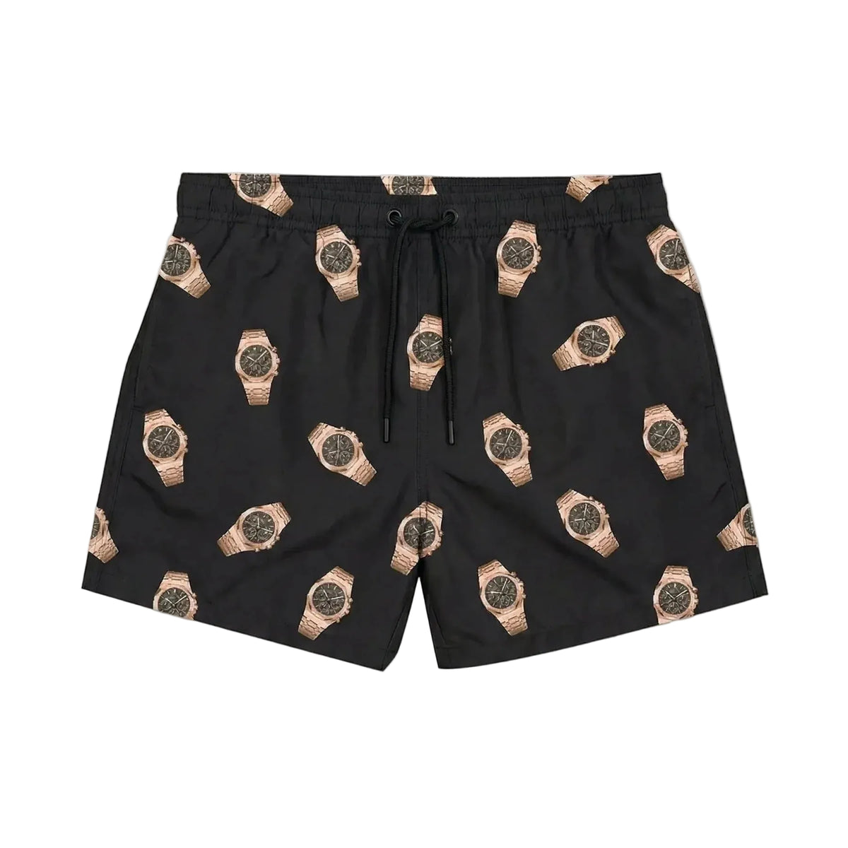 Zwarte zwemshort met overal horlogeprint, elastische taille met trekkoord