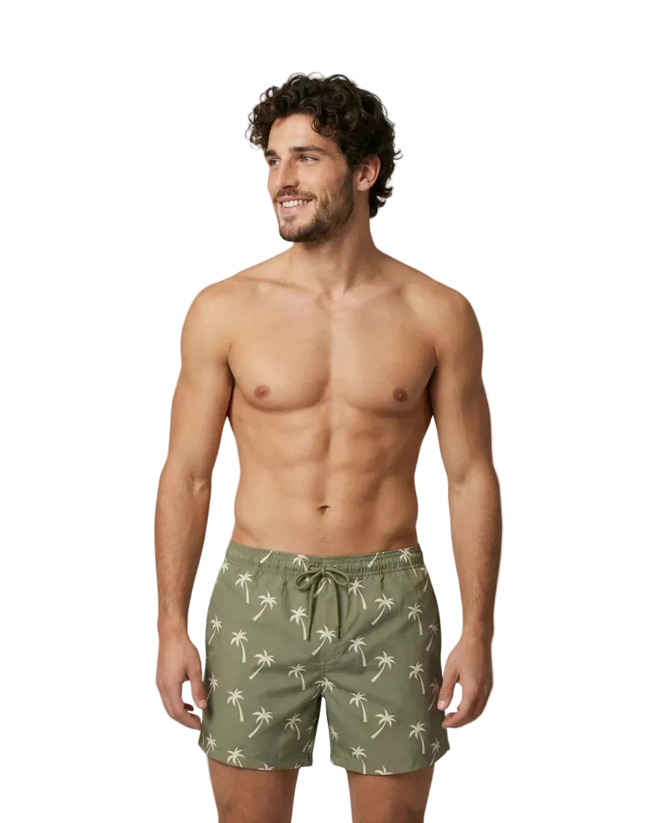 Zwemshort saliekleur met witte palmenprint, elastische taille en trekkoord