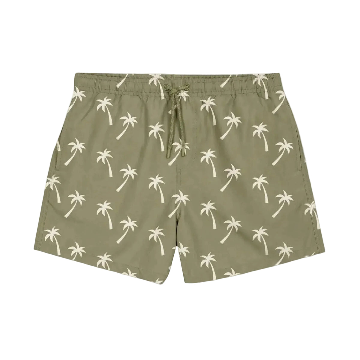 Zwemshort saliekleur met allover palmenprint, rechte pijpen en trekkoordsluiting