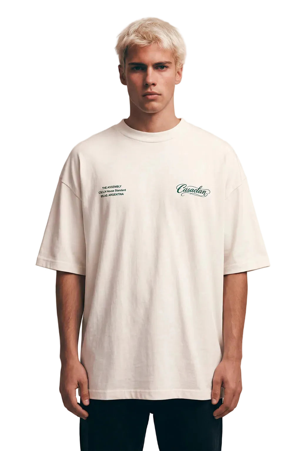 Lichtbeige T-shirt met ronde hals en borst- en linkerborstprint
