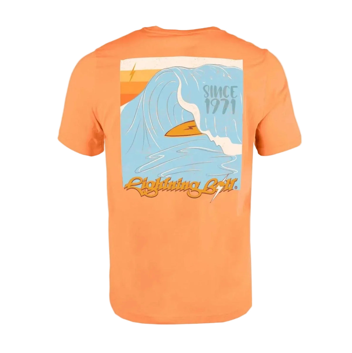 Oranje T-shirt met blauwe achterprint van zeegolf en tekst