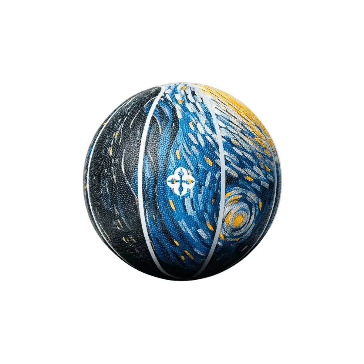 Basketbal met blauw, zwart en geel spettermotief en witte fleur-de-lis