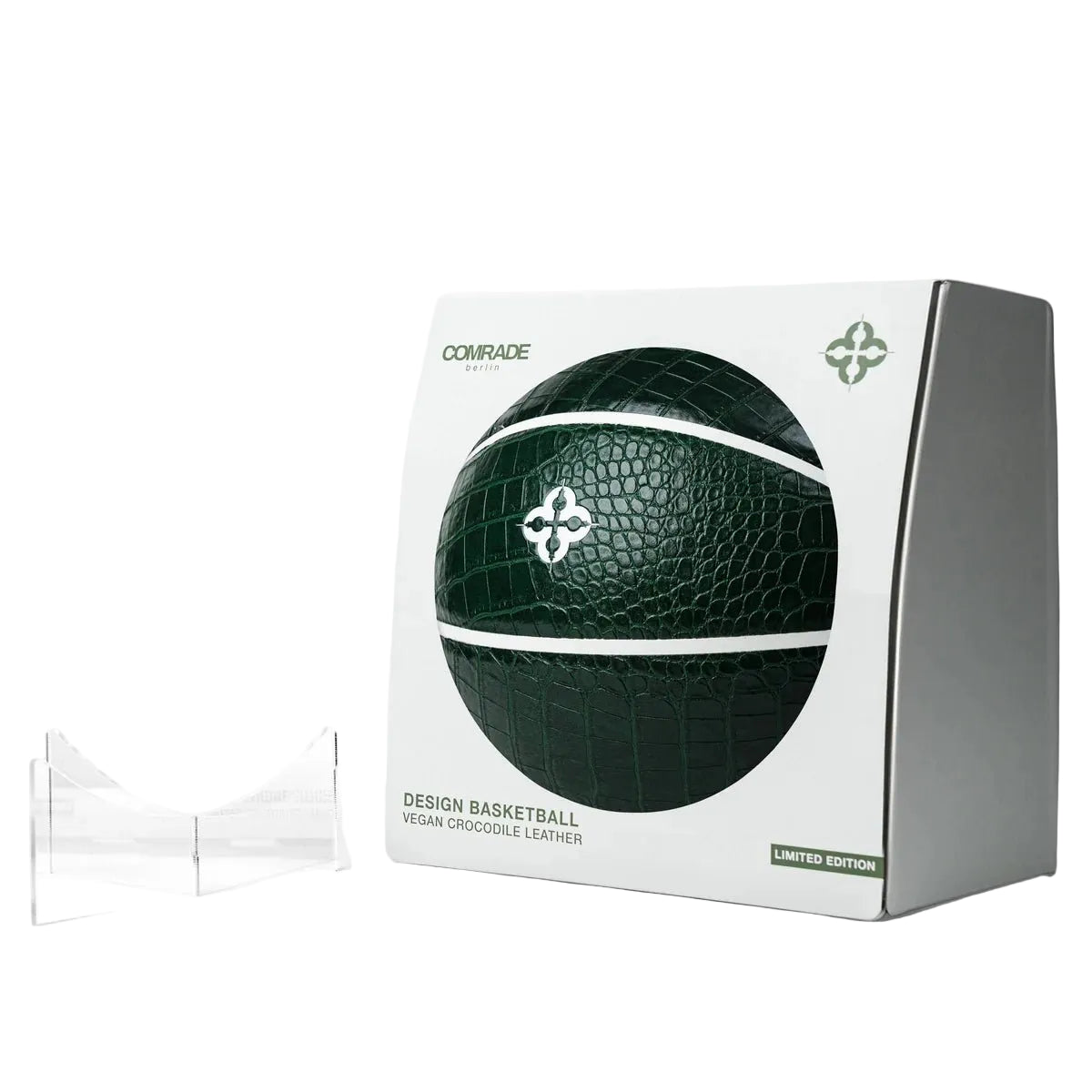 Donkergroene basketbal met krokodillenreliëf in doos, wit logo zichtbaar