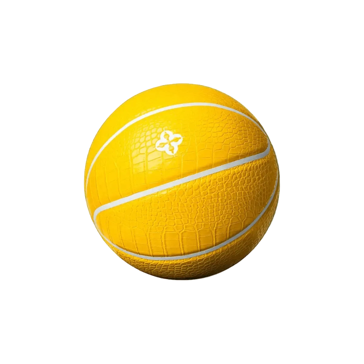 Geel designbasketbal met witte baan, krokodillennerf en wit embleem