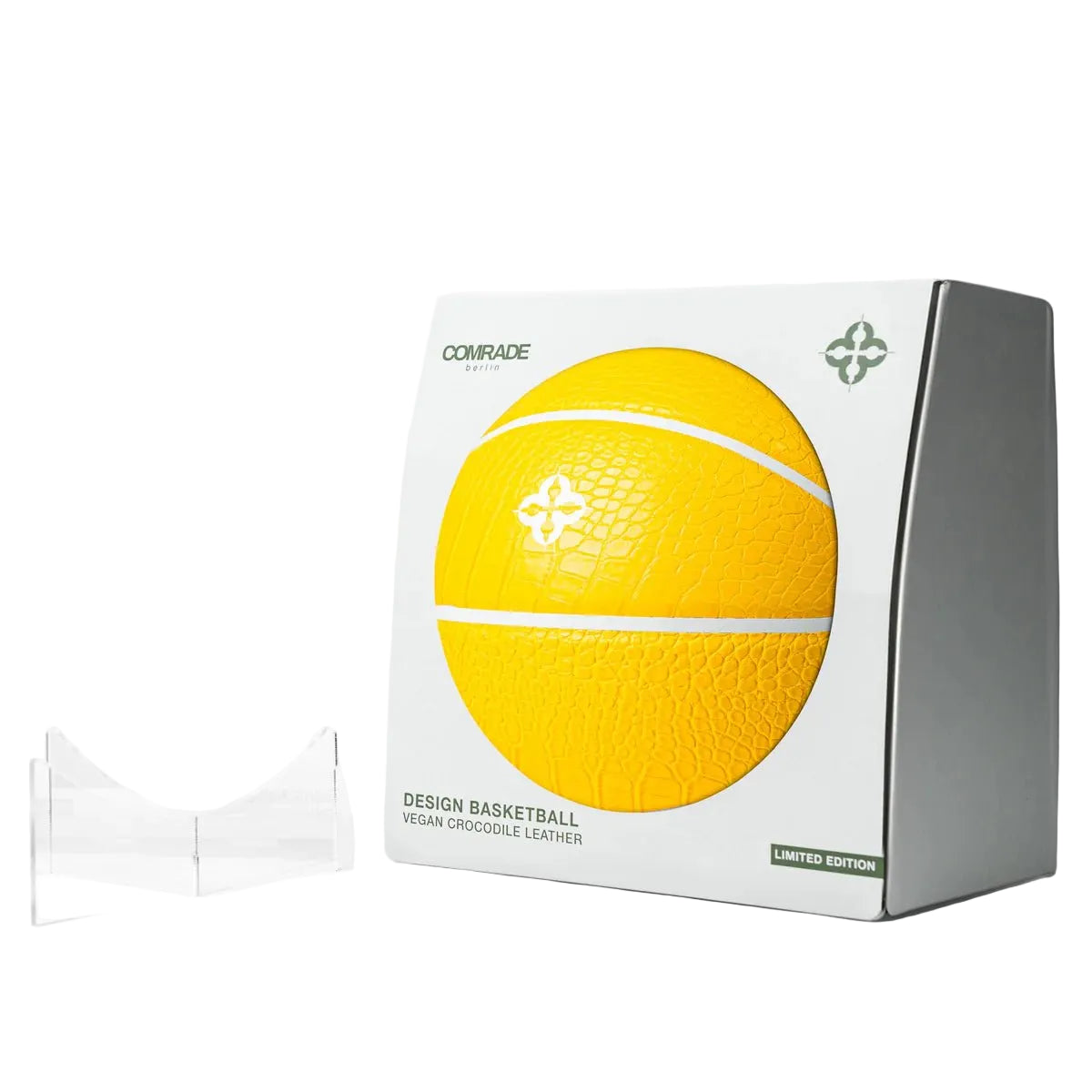 Geel basketbal in doos met COMRADE en krokodillennerf, limited edition