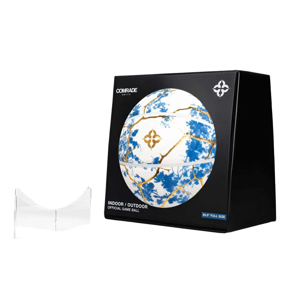 Design basketbal in zwarte doos met blauw-wit patroon en gouden accenten