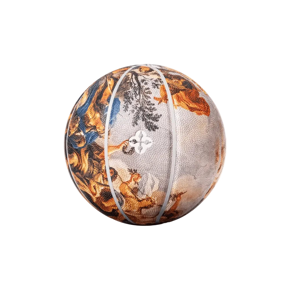 Basketbal met leeuw- en dierenprint, bruin-oranje en grijs, witte banen