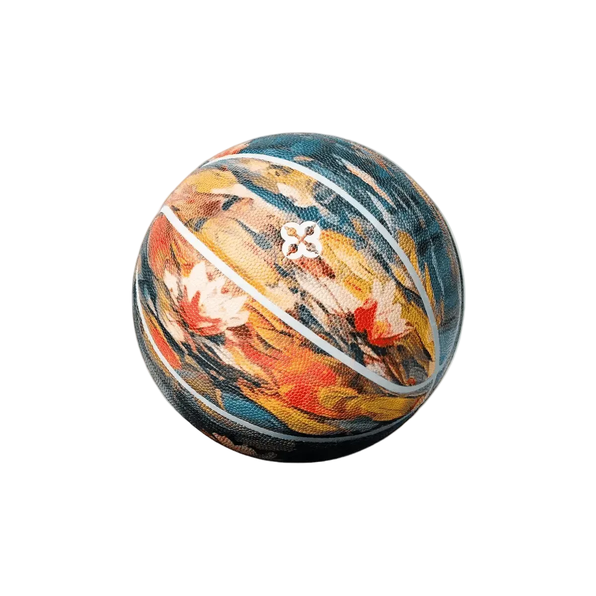 Basketbal met waterleliesprint in oranje, blauw en zwart