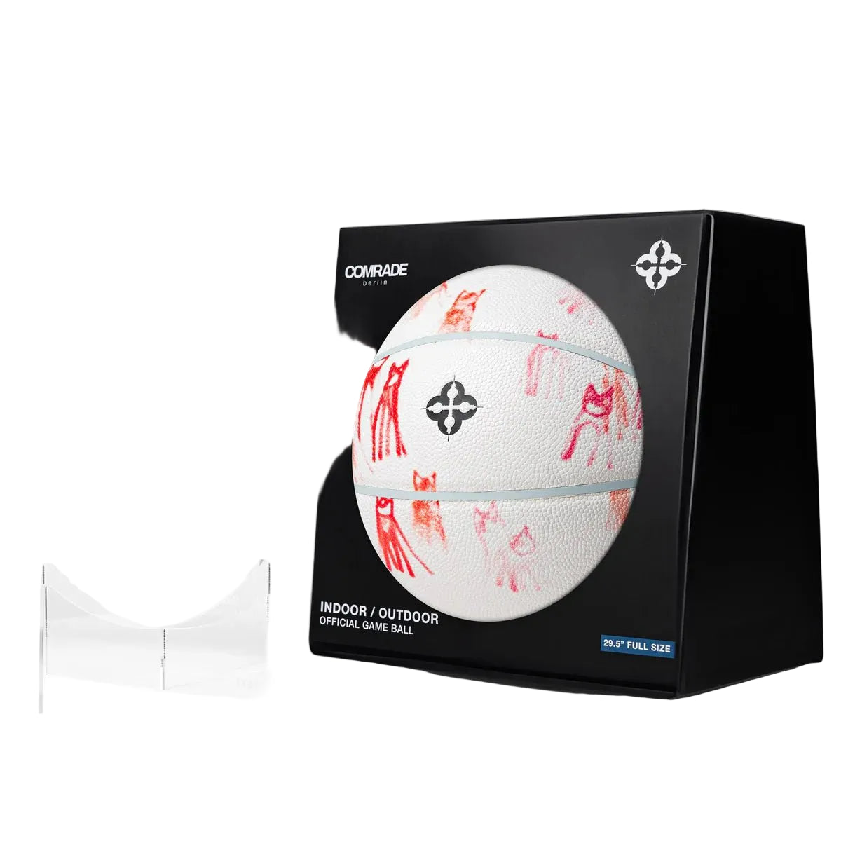 Basketbal in zwarte doos met witte bal en rode print