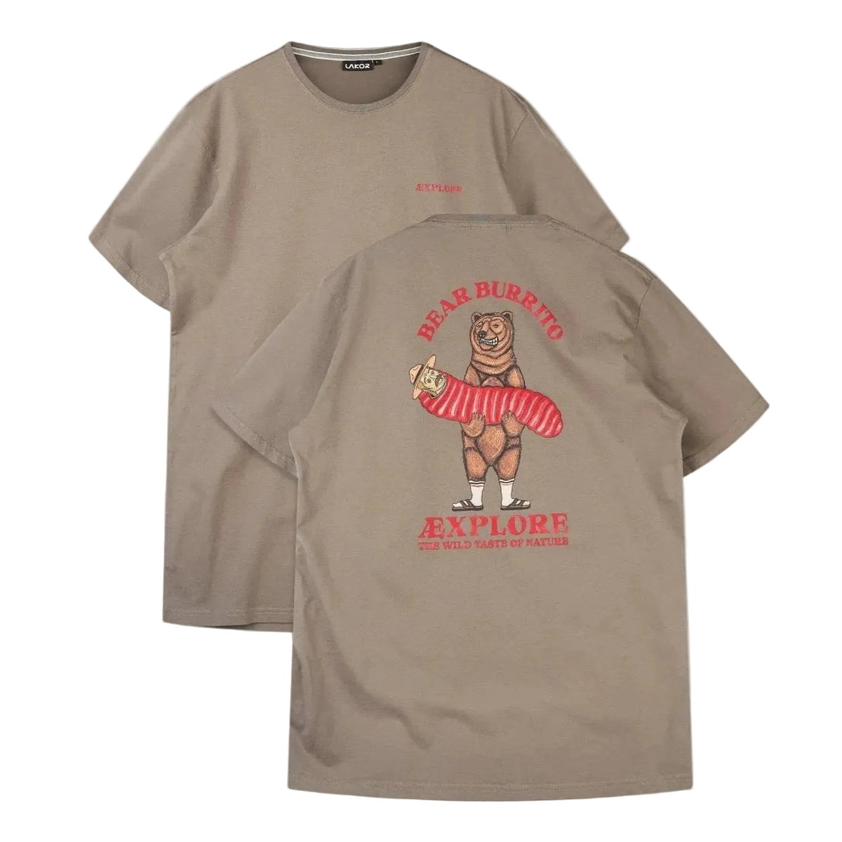 Taupekleurig T-shirt met beer-burrito print voor en logo bovenaan.