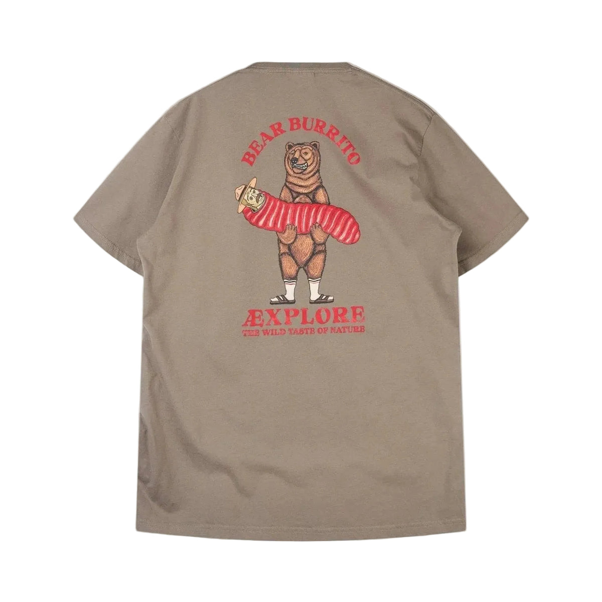 Taupekleurig T-shirt met beer-burrito en 'Explore' op de rug.