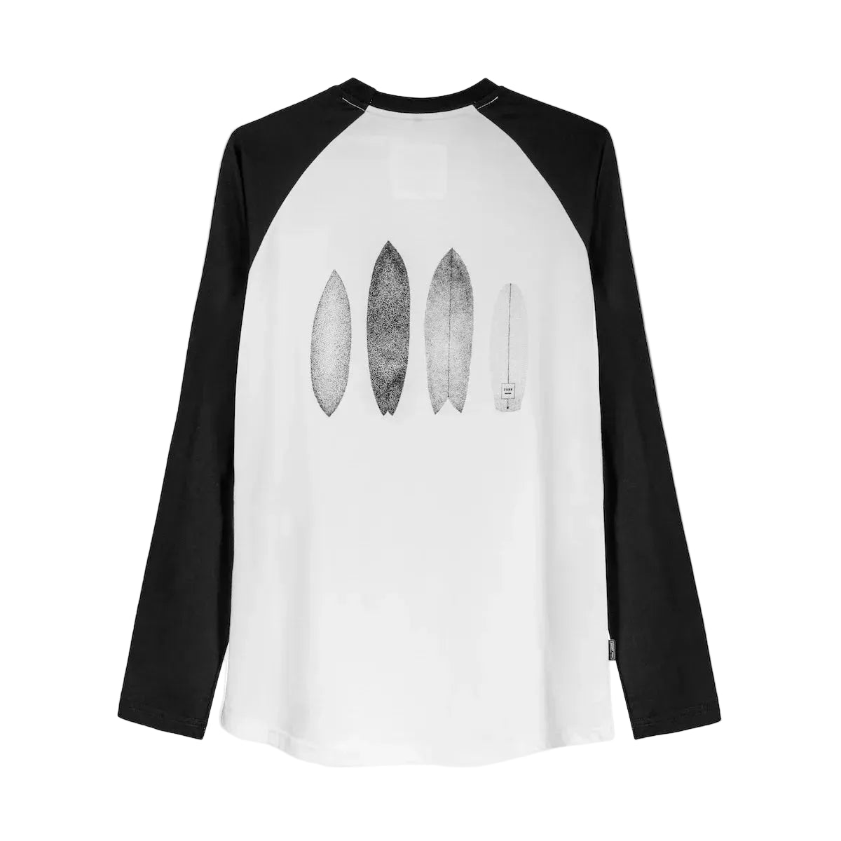 Witte raglan longsleeve met zwarte mouwen; grote grijze graphic op de voorkant.