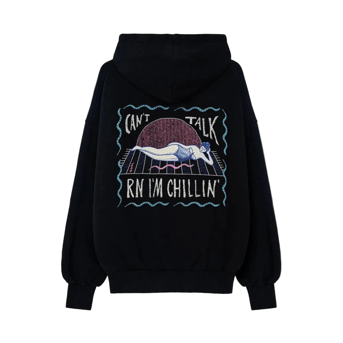 Zwarte hoodie met capuchon; grote rugprint met walvis en tekst.