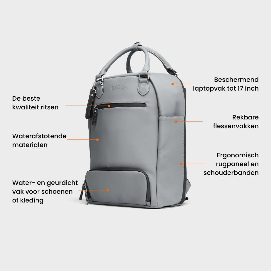 Antracietkleurige rugzak op witte achtergrond, met voorvak, verstelbare schouderbanden en ritsen.