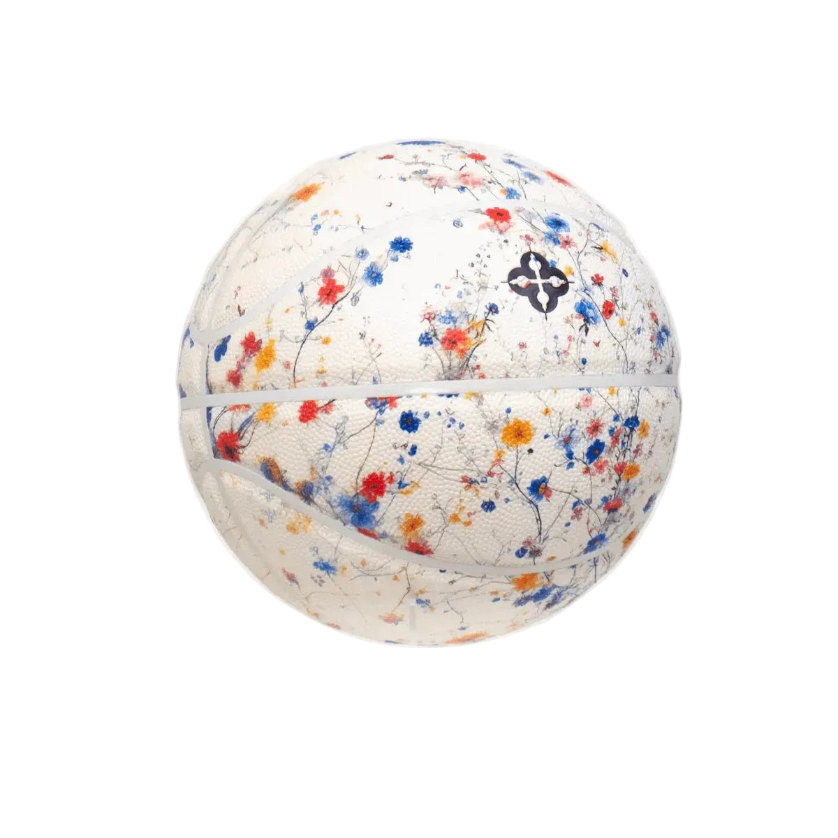 Witte basketbal met felgekleurde bloemenprint en zwarte klaversymbool