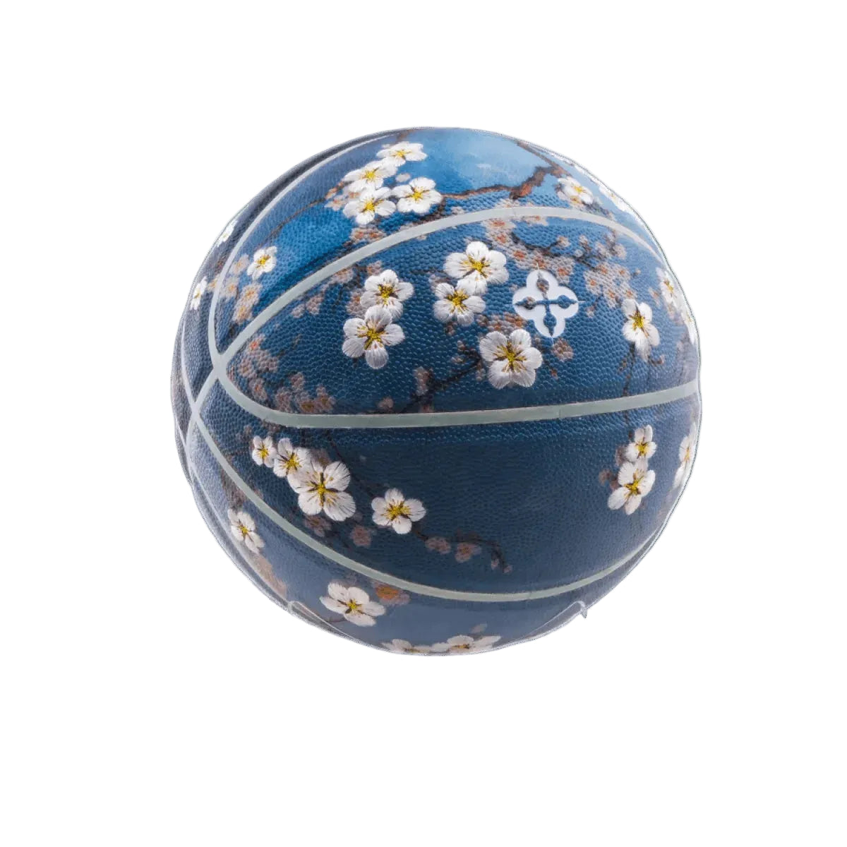Blauwe basketbal met sakurabloesemprint en witte panelen
