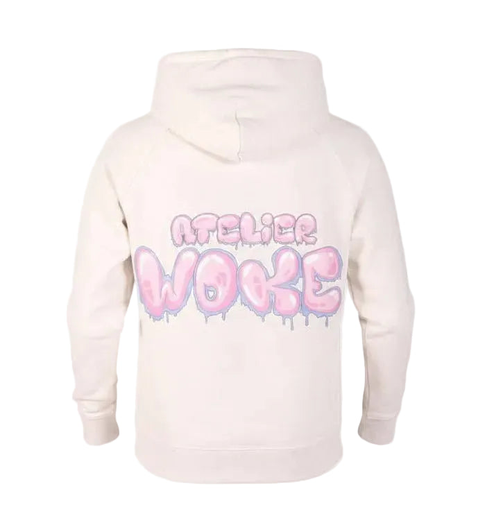 Witte hoodie met capuchon en grote ATELIER WOKE opdruk op de rug