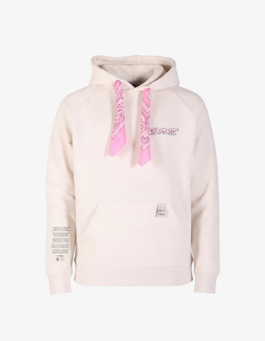 Beige hoodie met capuchon en roze striklinten; borstlogo opdruk LAB10MENSWEAR.NL