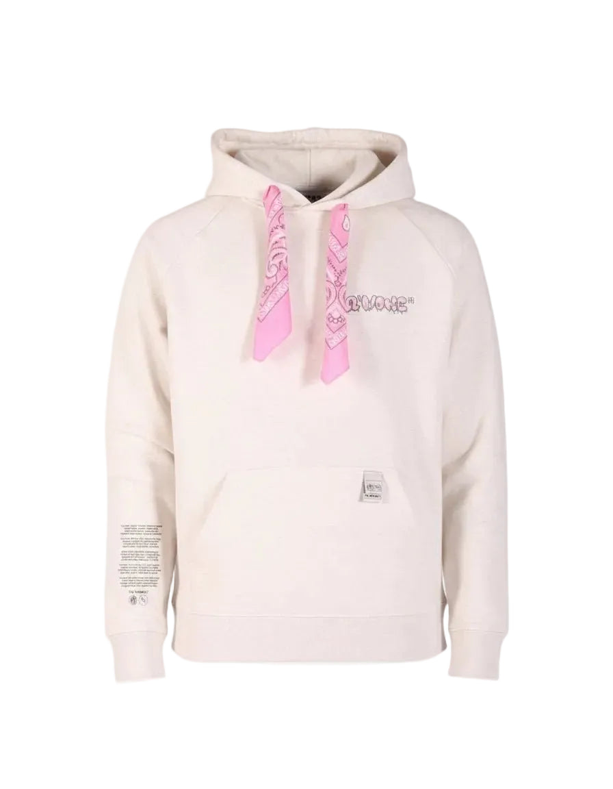 Beige hoodie met capuchon en roze striklinten; borstlogo opdruk LAB10MENSWEAR.NL