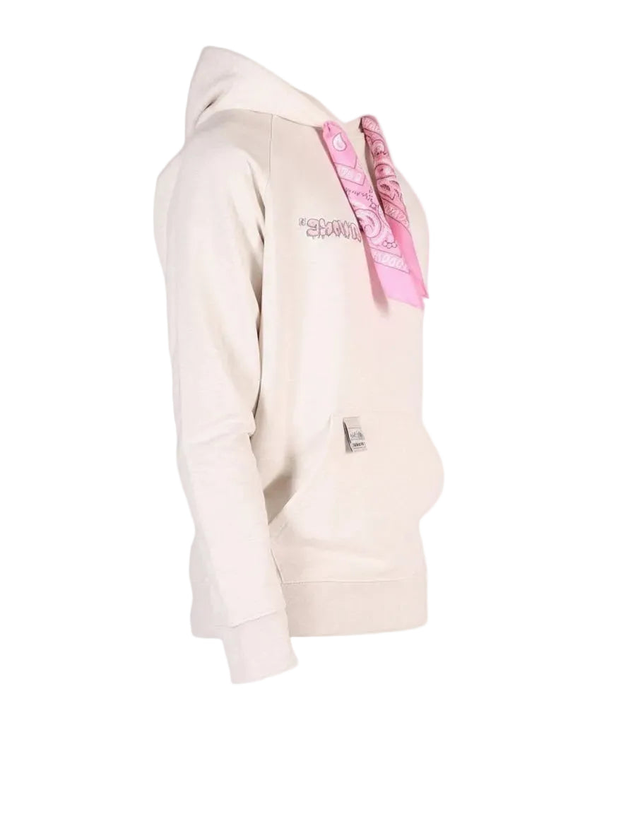 Beige hoodie met capuchon, roze lintdetail en borstprint; mouwlabel LAB10MENSWEAR.NL