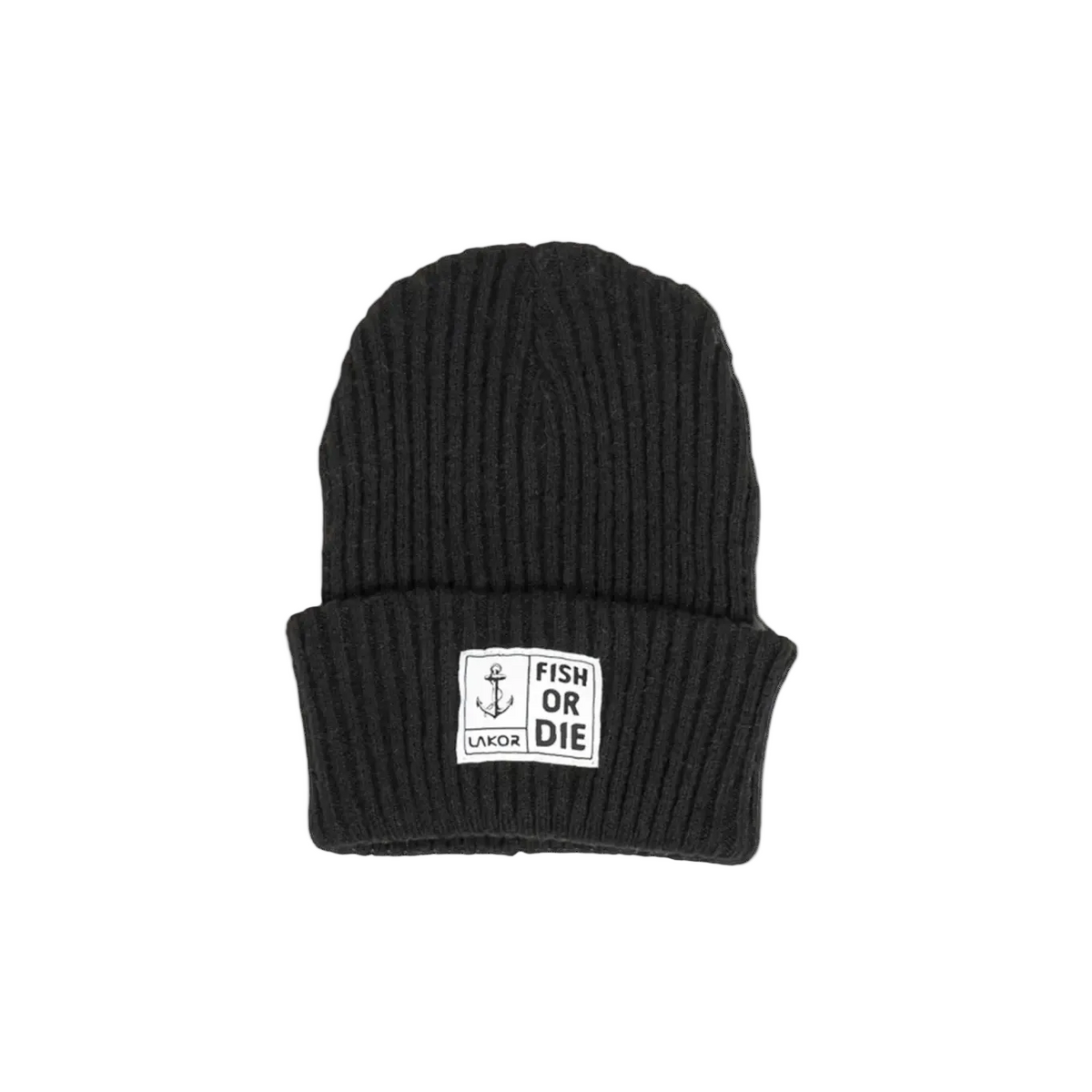 Zwarte gebreide beanie met rechthoekige badge op omslag