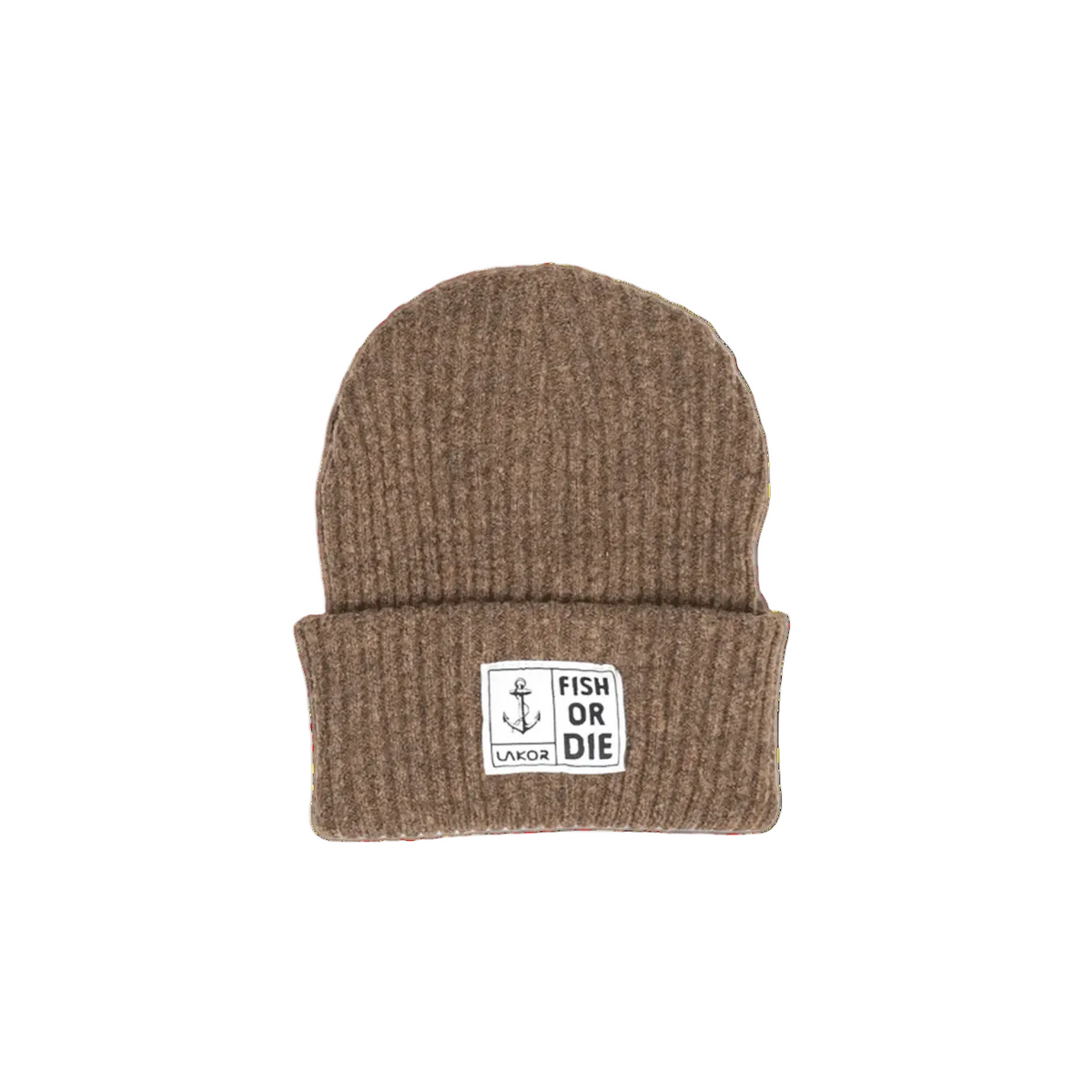 Gebreide lichtbruine beanie met omgeslagen rand en rechthoekige logo-label