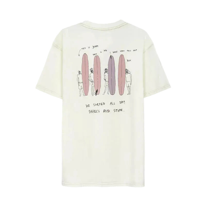 Vintage witte T-shirt, achterkant met surfplankenillustratie en korte tekst