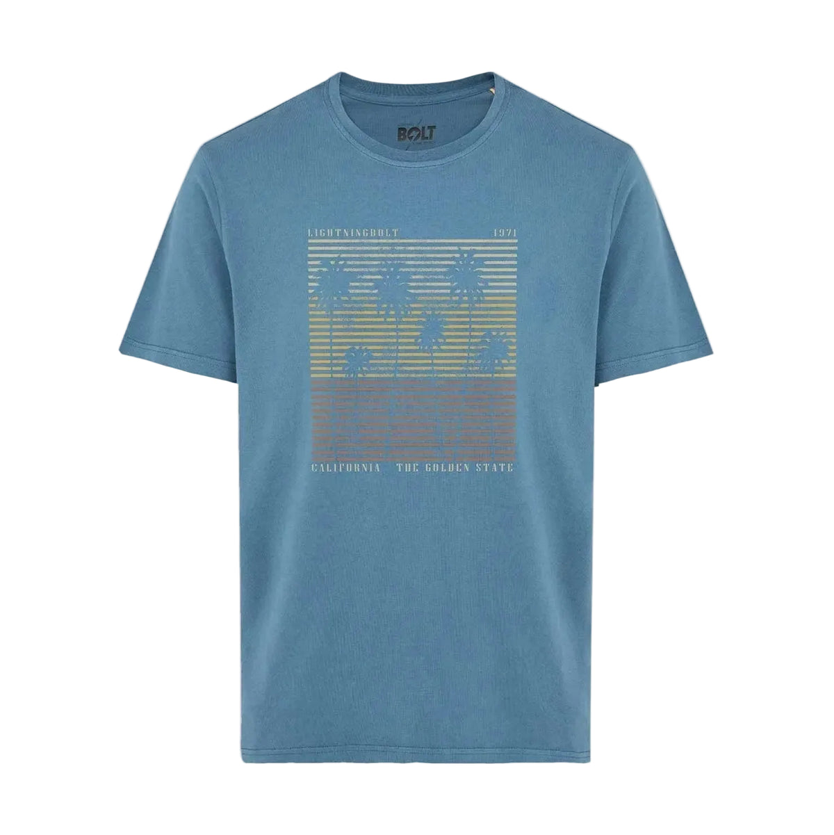 Heren t-shirt blauw met rechthoekige frontprint in geel en wit