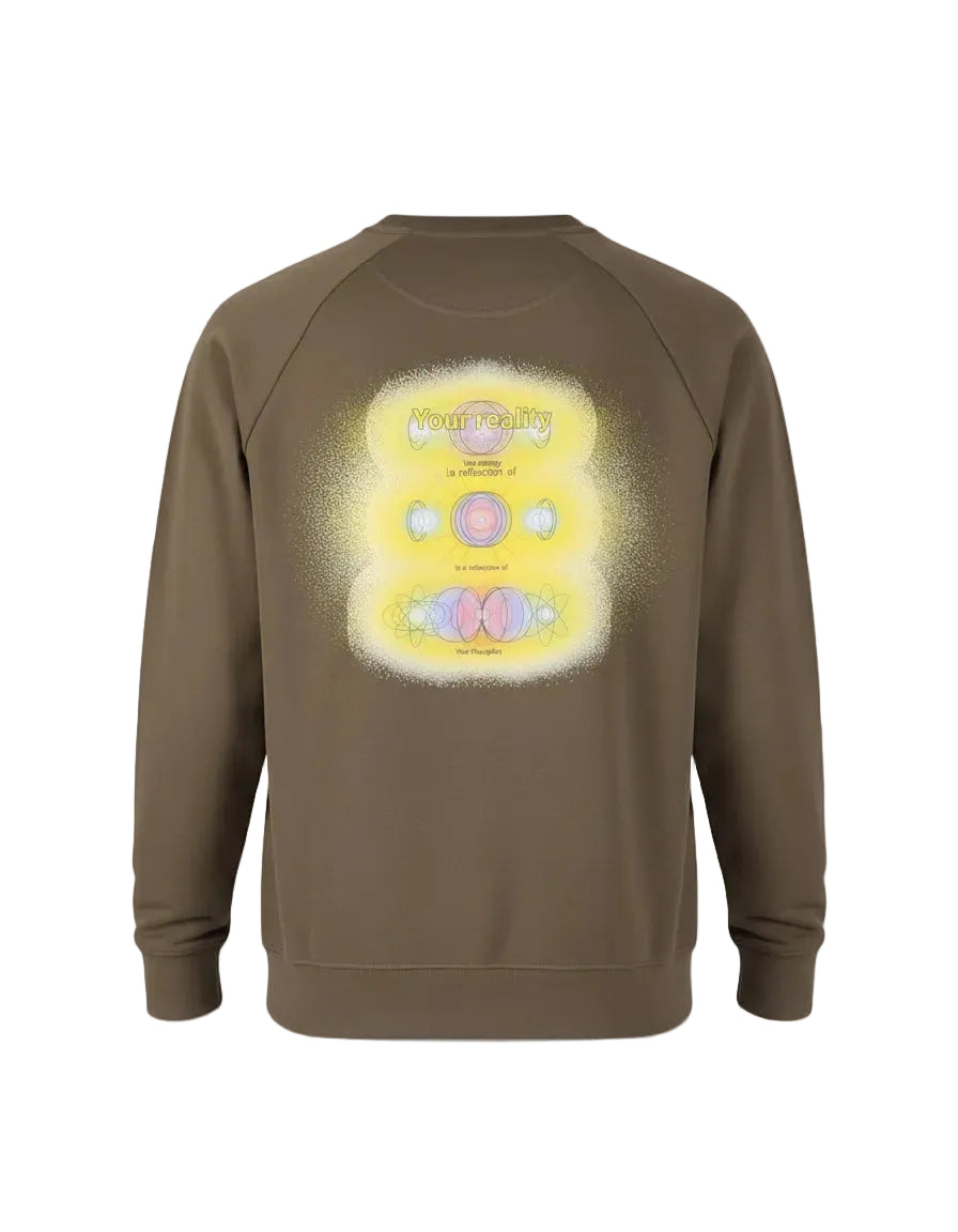Khaki sweatshirt met rugprint in lichtblauw en paars, ronde hals en lange mouwen