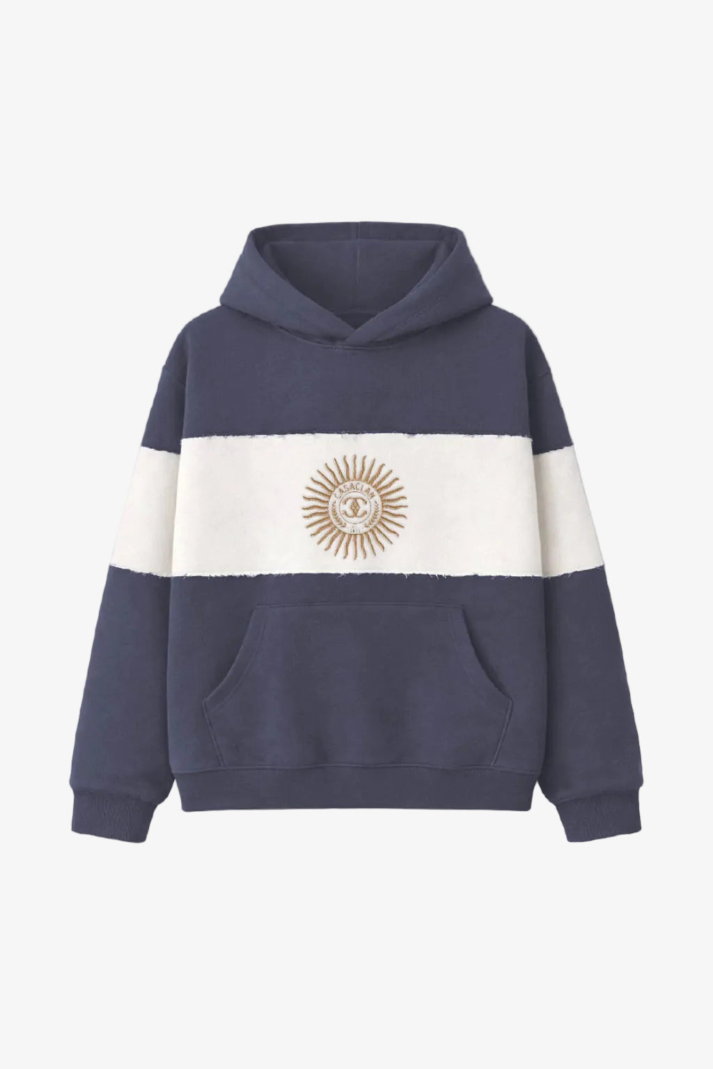 Hoodie met capuchon, donkerblauw en wit, embleem op borst in midden