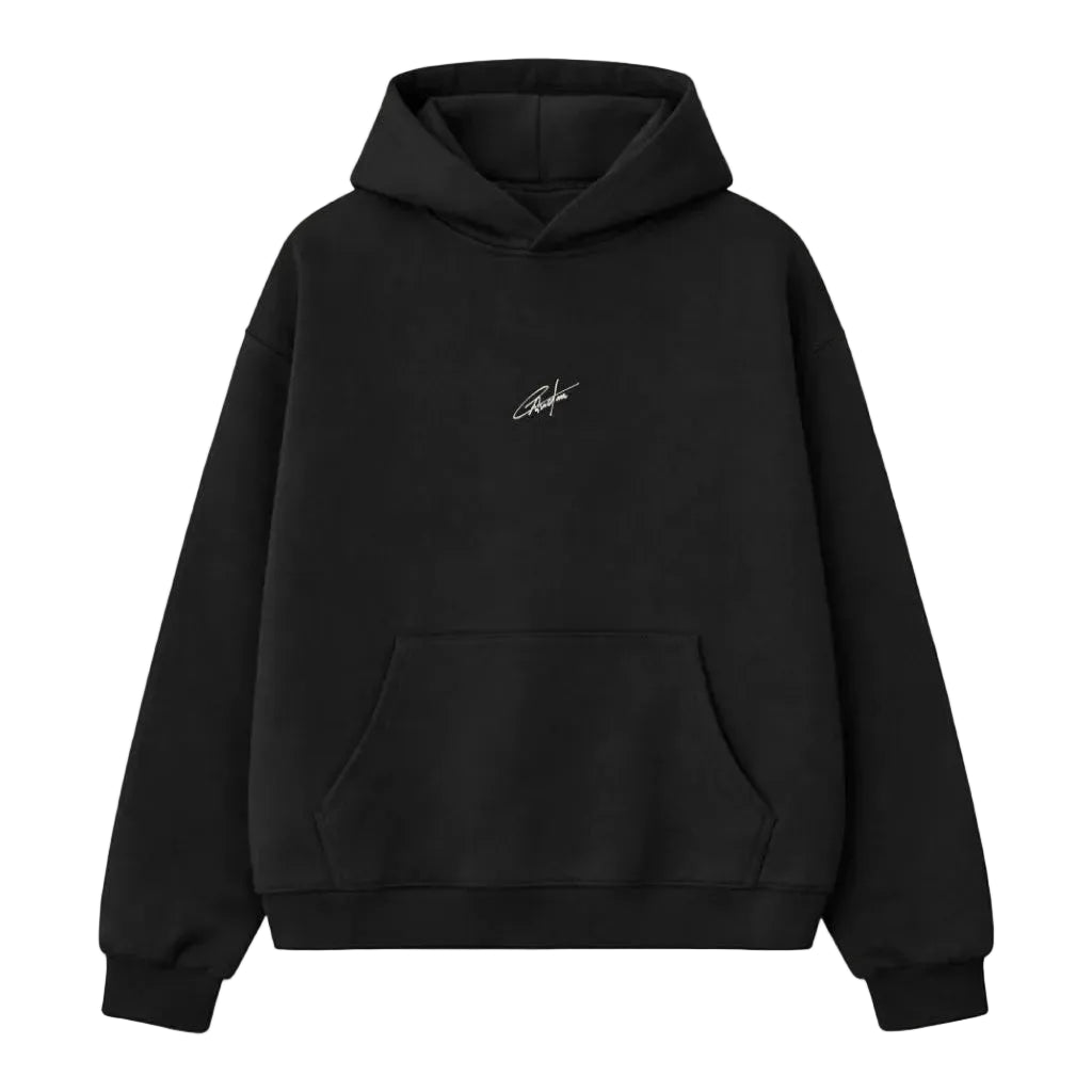 Zwarte hoodie met capuchon, kangoeroezak en klein cursief logo op de borst