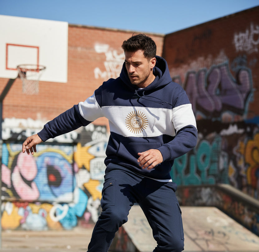 Hoodie met capuchon, donkere en witte horizontale banen, kangoeroezak